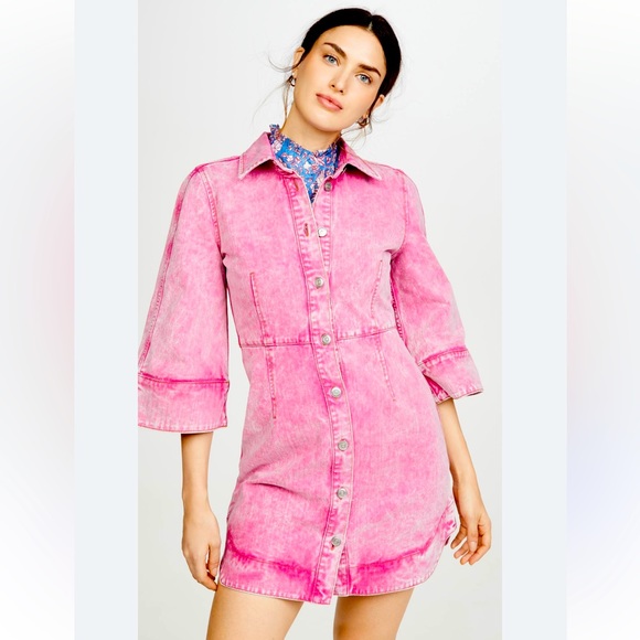 Ganni Washed Denim Cotton Dress in Pink Fuschia